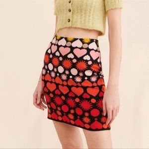 Anthropologie Black Mini Skirt with Red, Pink & Yellow Heart and Sunburst Print